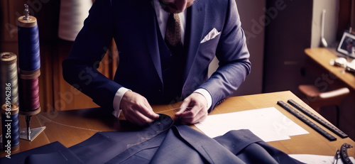 A men's suit tailor, making adjustments to a new suit. Well dressed gentleman, of a custom tailored suit shop. bespoke formal clothing. Generative AI.  photo