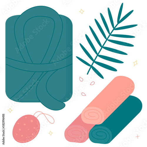 A set for the bathroom and spa - a terry bathrobe, colorful towels, a washcloth and a sprig of a plant. Color flat vector illustration, isolated.