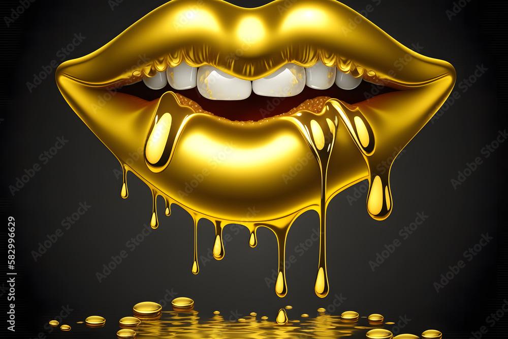 Gold Paint from the lips. Golden lips on beautiful model girls mouth