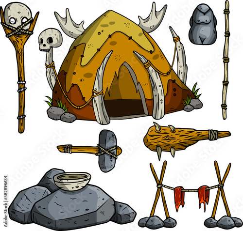 Set of caveman items. Hut of skins and bones