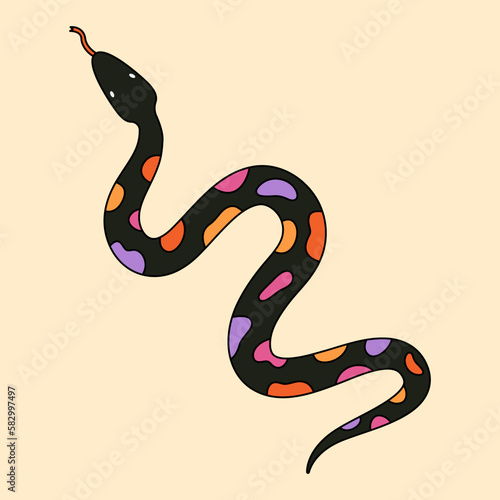 Abstract psychedelic snake illustration in 70s and 80s style. Trippy animal art. Vintage hippie drawing. Groovy vector graphic.