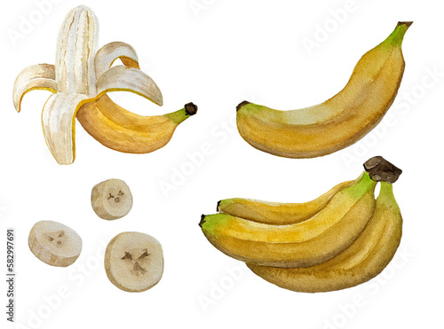 Watercolor set of banana. Hand drawn, isolated on white background.