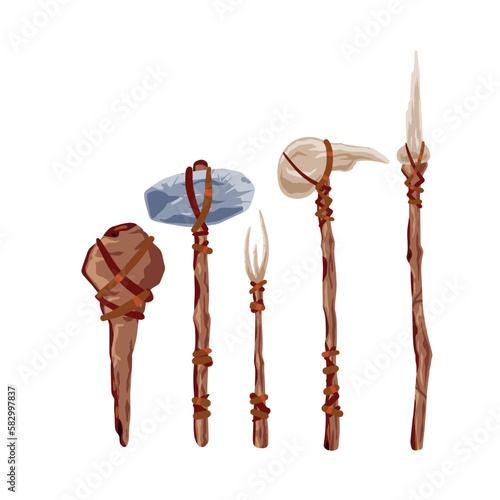 Prehistoric weapons. Set of caveman tools. Primitive spear and stone axe. Equipment for hunting. Archaeological and barbaric weapon.