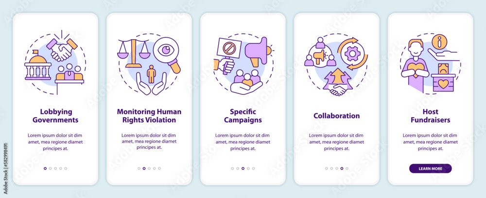 Forms of advocacy onboarding mobile app screen. Legal support walkthrough 5 steps editable graphic instructions with linear concepts. UI, UX, GUI template. Myriad Pro-Bold, Regular fonts used