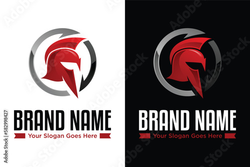 Strong and brave spartan warrior helmet circular arrow illustration logo design