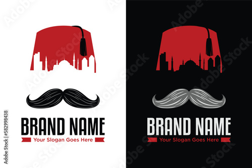 simple red Turkish hat and moustache with turkish landscape illustration logo design photo