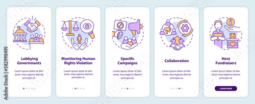 Forms of advocacy onboarding mobile app screen. Legal support walkthrough 5 steps editable graphic instructions with linear concepts. UI, UX, GUI template. Myriad Pro-Bold, Regular fonts used