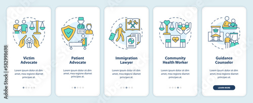 Careers in advocacy onboarding mobile app screen. Lawyer jobs walkthrough 5 steps editable graphic instructions with linear concepts. UI, UX, GUI template. Myriad Pro-Bold, Regular fonts used