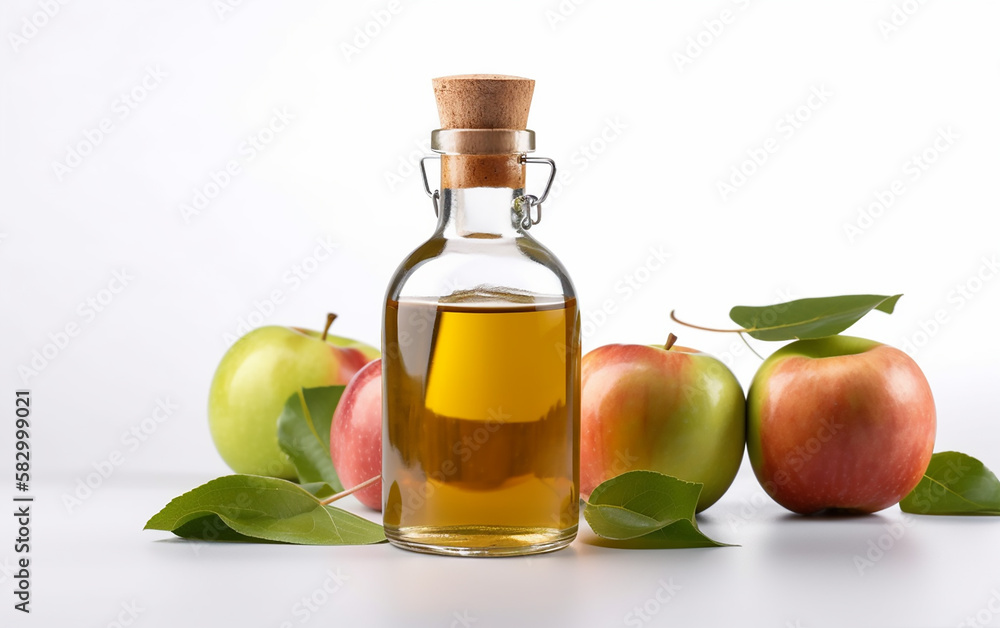 A clear glass bottle filled with apple cider vinegar, flanked by fresh red and green apples on a pristine white background. A clear glass bottle filled with apple cider vinegar, flanked by fresh red and green apples on a pristine white background.