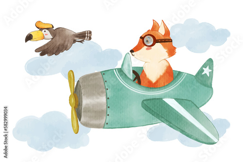 Fox drive airplane on sky with hornbill bird . Realistic watercolor paint with paper textured . Cartoon character design . Vector .