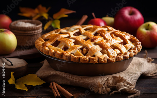 Classic apple pie. Homemade apple pie with an intricate lattice crust on a wooden table, surrounded by autumnal decorations.