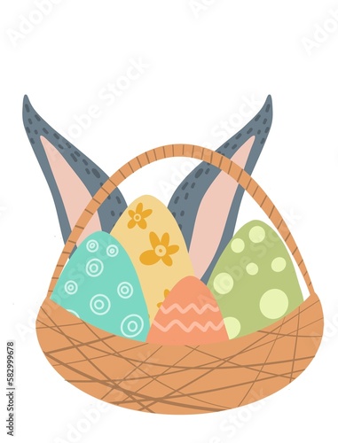 easter basket with easter eggs and bunny hiding behind it