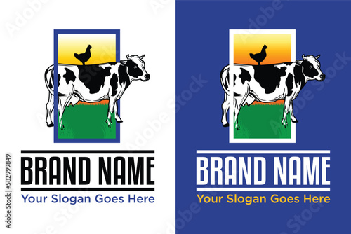 animal farm label. Cow hen chicken illustration logo design
