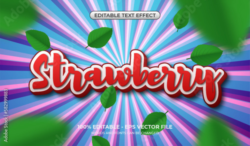 Realistic strawberry text effect. Editable red and white font effect combination. Scattered leaves and a starburst background