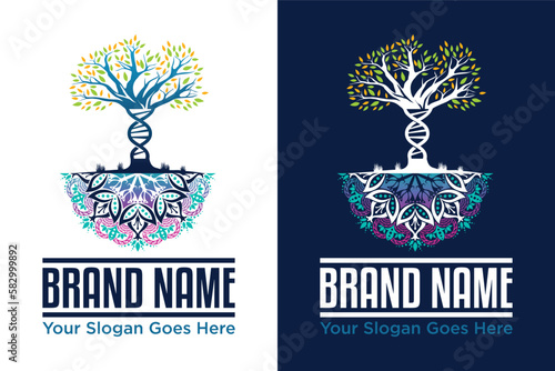 medical symbol helix dna tree with mandala root illustration logo design