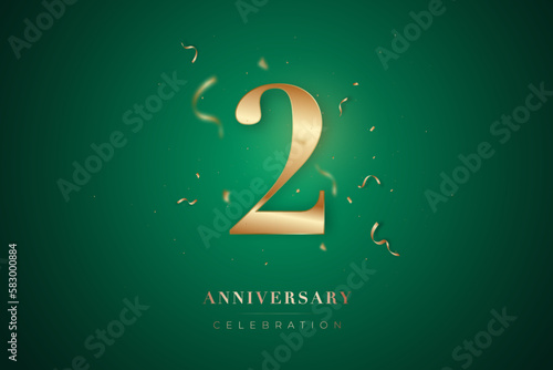 2st Anniversary celebration greeting card. Golden metallic Number 2 with sparkling confetti on green background. Design template for birthday or wedding party event decoration.