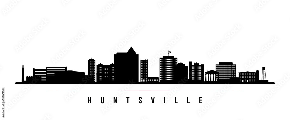 Huntsville skyline horizontal banner. Black and white silhouette of Huntsville, Alabama. Vector template for your design.