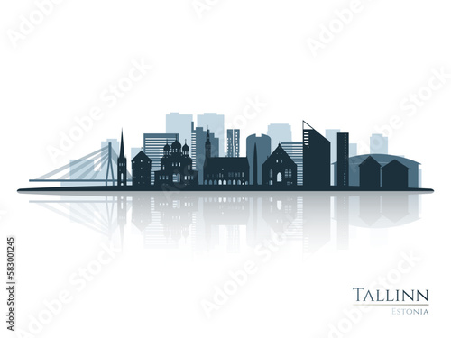 Tallinn skyline silhouette with reflection. Landscape Tallinn, Estonia. Vector illustration.