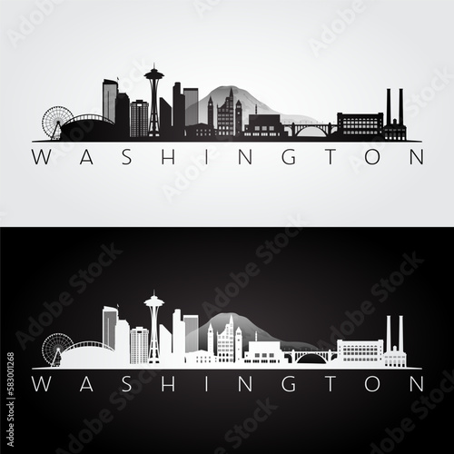 Washington state skyline and landmarks silhouette. WA state black and white design. Vector illustration.