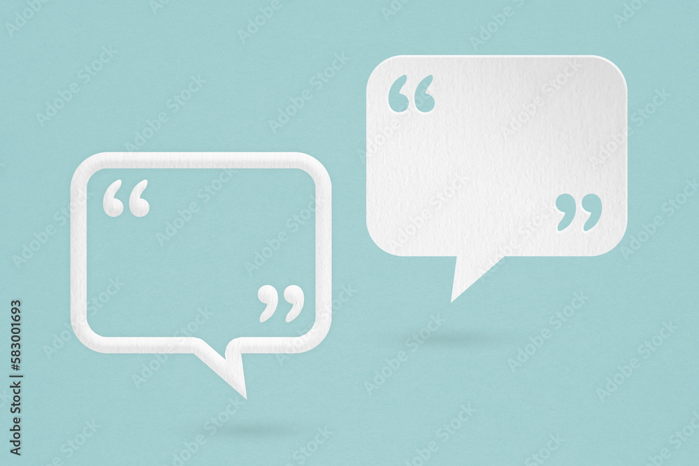 Conceptual image about communication and social media, customer feedback, white and white frame speech bubble and quote sign grunge paper cut on grunge blue background Conceptual image about communication and social media, customer feedback, white and white frame speech bubble and quote sign grunge paper cut on grunge blue background