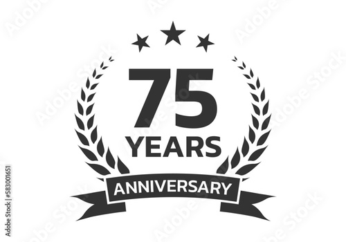 75 years anniversary laurel wreath logo or icon. Jubilee, birthday badge, label or emblem. 75th celebration design element. Vector illustration.