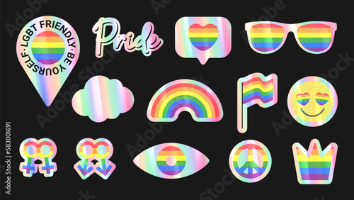 Set of cards for Pride Month. Holographic heart, notification icon, star and eye with rainbow colors. Concept of diversity. Retro 3d holographic stickers for decor LGBTQ events. Vector illustration.