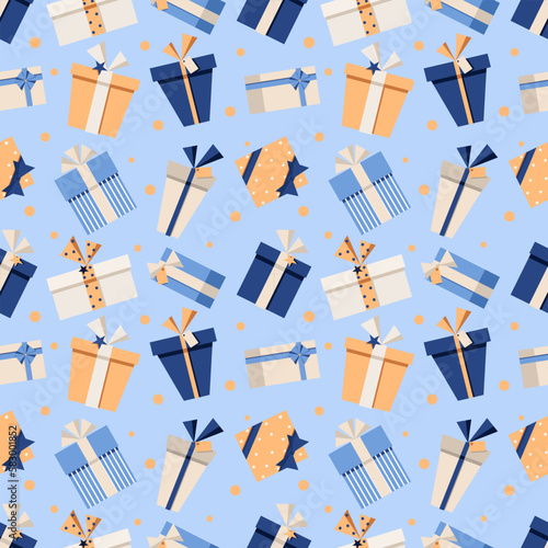 Simple style seamless pattern in blue and orange tones with gift boxes. Fatherhood and parenting. Every day moments. Love my daddy. Happy Fathers day lettering. The best dad ever.