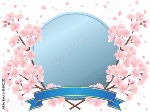 交差した桜の枝と桜吹雪、銀色メダルと青りぼんのイラスト