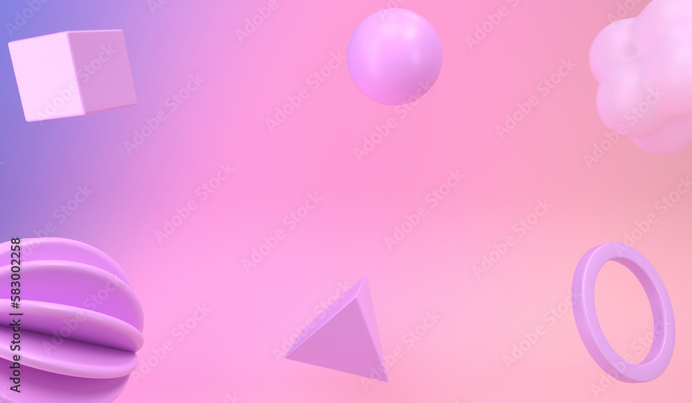 Three dimensional render of geometric shapes floating against pink background Three dimensional render of geometric shapes floating against pink background