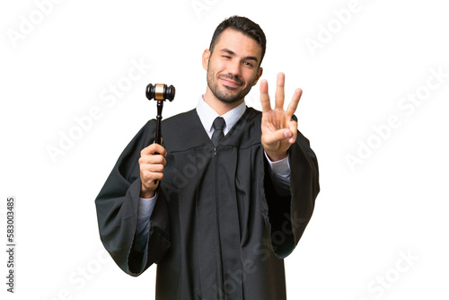 Judge caucasian man over isolated background happy and counting three with fingers