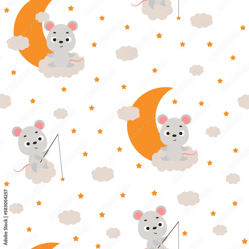 Cute little mouse sitting on cloud and fishing star seamless childish pattern. Funny cartoon animal character for fabric, wrapping, textile, wallpaper, apparel. Vector illustration