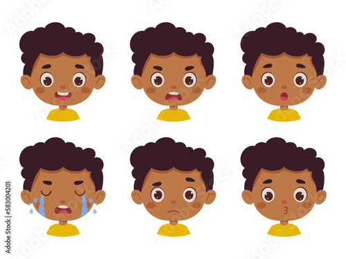Cute cartoon little kid boy in various expressions and gesture. Cartoon child character showing different emotions. Vector illustration