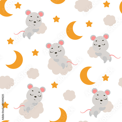 Cute little mouse sleeping on cloud seamless childish pattern. Funny cartoon animal character for fabric  wrapping  textile  wallpaper  apparel. Vector illustration