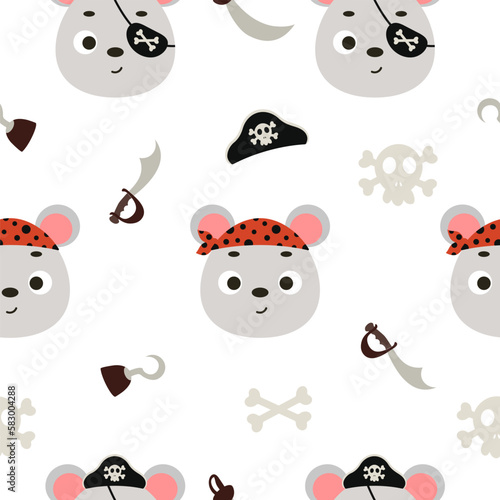 Cute little pirate mouse head seamless childish pattern. Funny cartoon animal character for fabric, wrapping, textile, wallpaper, apparel. Vector illustration