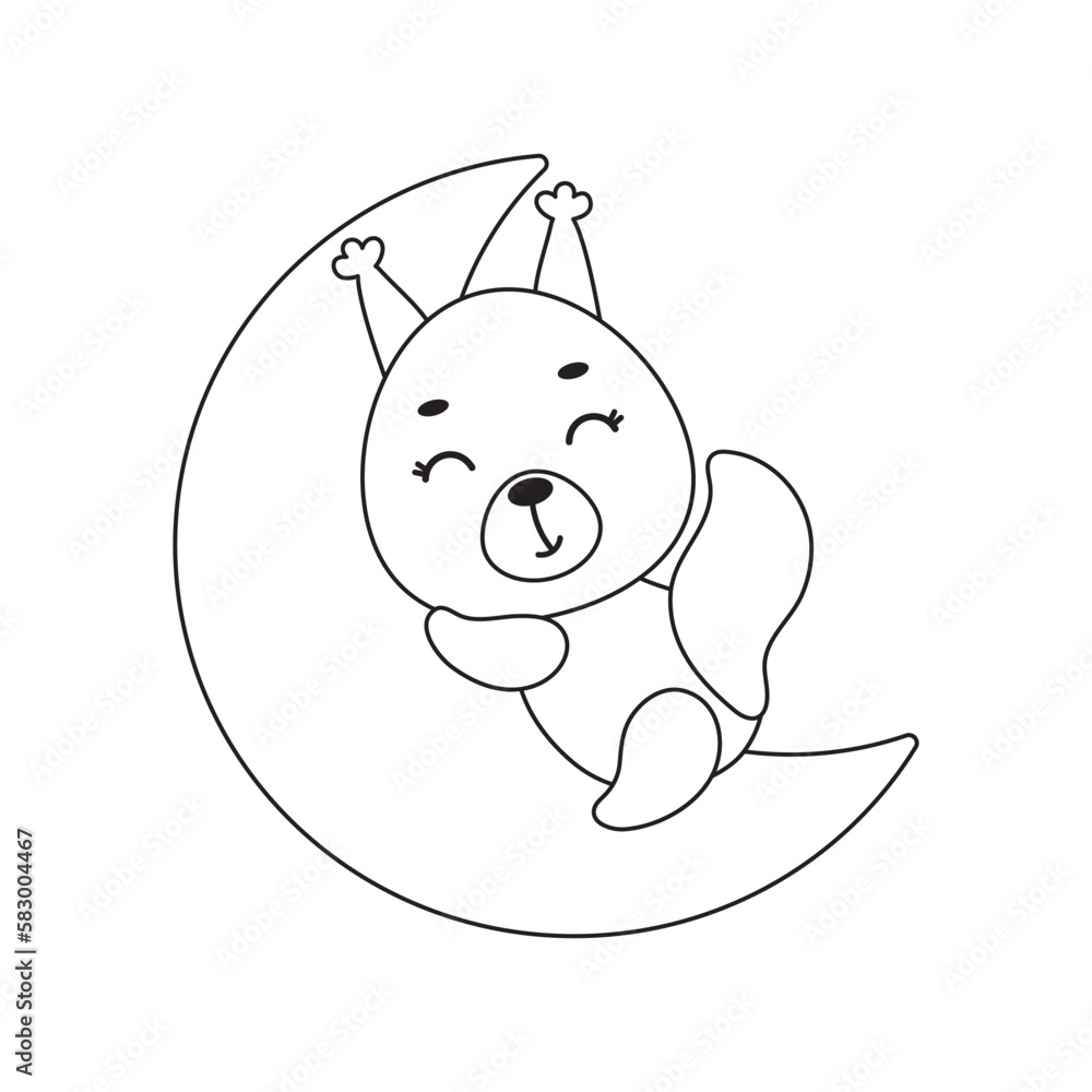 Obraz premium Coloring page cute little squirrel sleeping on moon. Coloring book for kids. Educational activity for preschool years kids and toddlers with cute animal. Vector stock illustration
