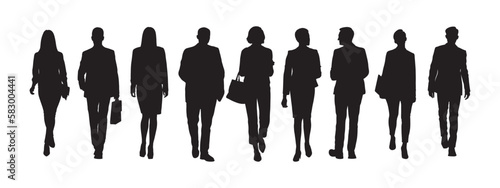 Group of business team walking front view vector silhouette.