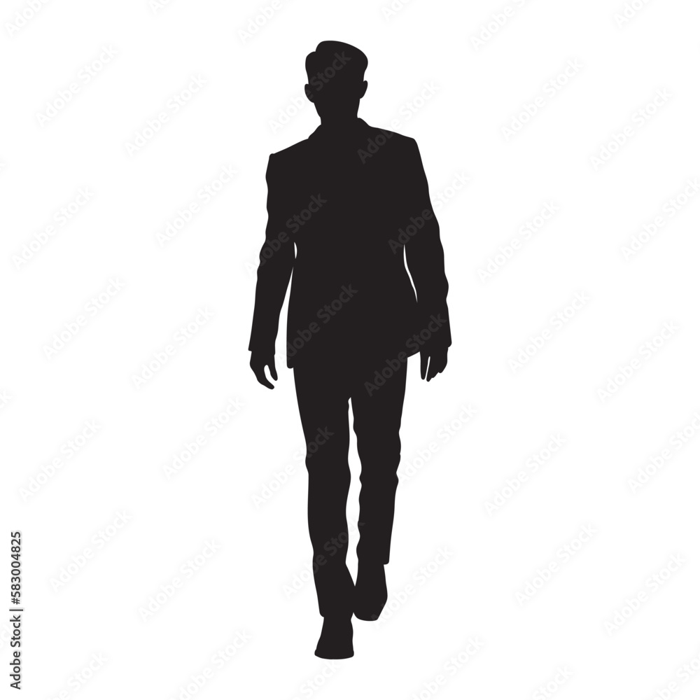 Business man walking confident front view vector silhouette.