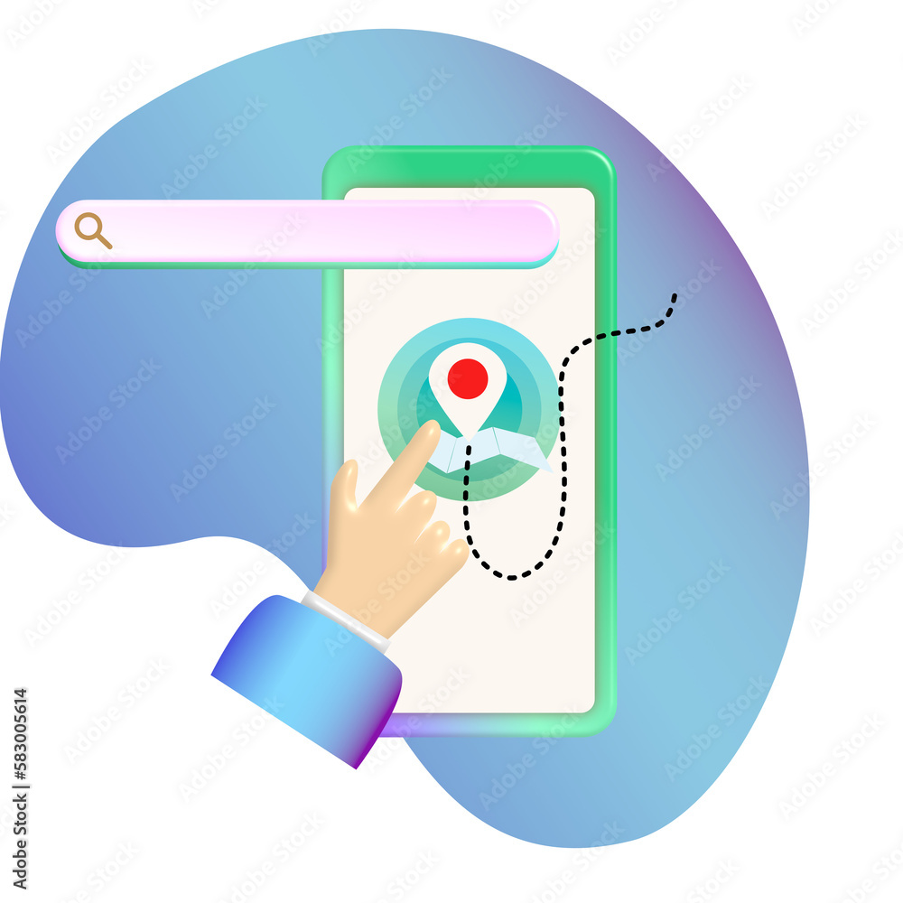 3D blue suit sleeveless hand tapping on GPS app pad with search box on a blue floating sponge background 3D blue suit sleeveless hand tapping on GPS app pad with search box on a blue floating sponge background
