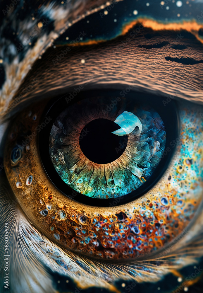 colorful owl eye staring into camera close up