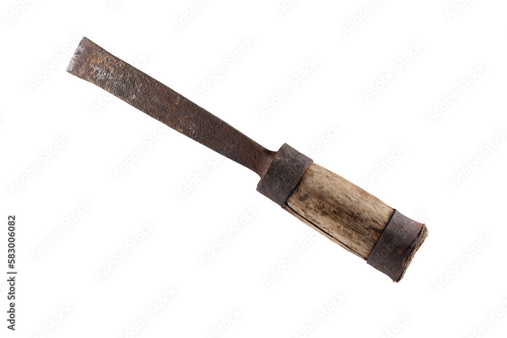 An old chisel with a cracked wooden handle and a rusted steel part. On a transparent background. An old chisel with a cracked wooden handle and a rusted steel part. On a transparent background.