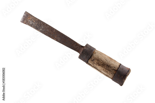 An old chisel with a cracked wooden handle and a rusted steel part. On a transparent background.