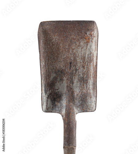 Fragment of an old, rusty spatula. Tool, rusty, used. On a transparent background.