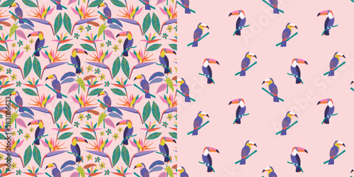 Set of seamless trendy vector pattern with toucans on a branch and foliage. Tropical print in with exotic plants and bird.