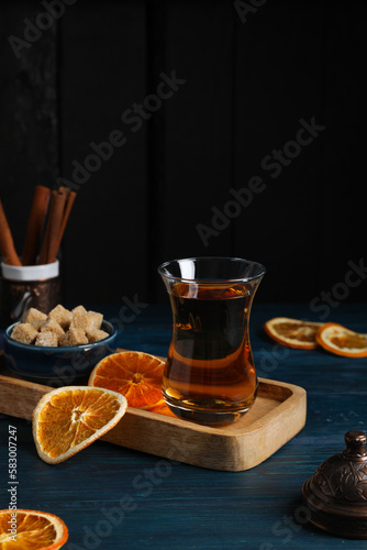 Concept of traditional turkish brewed hot drink  turkish tea  space for text