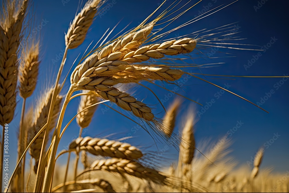 Closeup of golden wheat in wheat meadow with blue sky background. Ai generative. Closeup of golden wheat in wheat meadow with blue sky background. Ai generative.