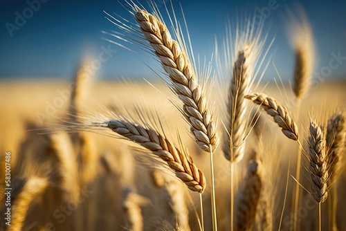 Closeup of golden wheat in wheat meadow with blue sky background. Ai generative.