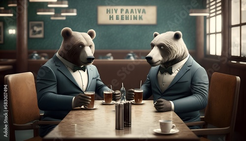 Two big bear dressed in suit havings drinks at an upscale bar. Relaxed nice environment. Generated by AI. photo