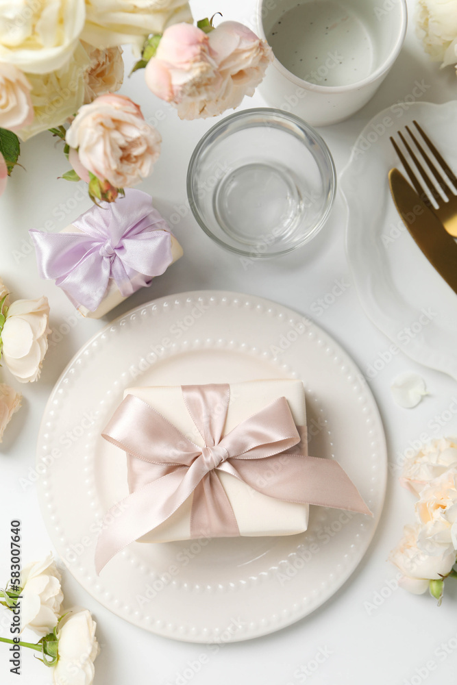Concept of spring season table setting, top view Concept of spring season table setting, top view