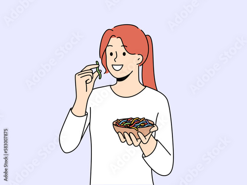 Smiling girl eating colorful gummy worms from bowl. Happy woman taste sweet snacks. Vector illustration. 