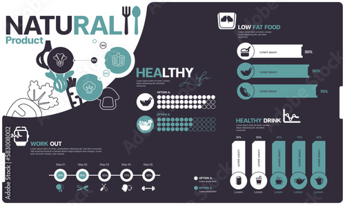 Healthy Living Infographics design template can be used for workflow layout, diagram, annual report, web design. Minimal design. Creative banner, Healthy Lifestyle, Healthy Eating, Icons